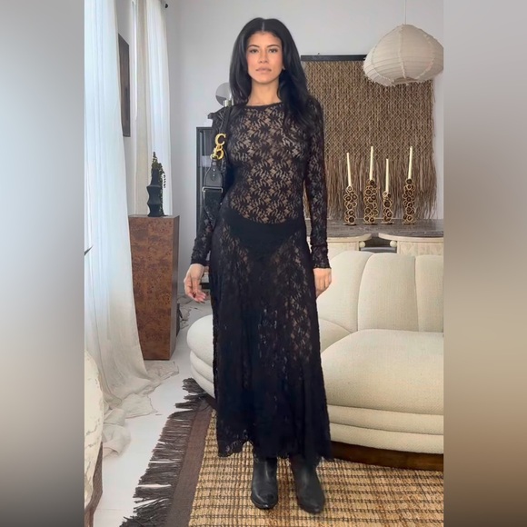 ZARA Black Lace Maxi Dress Long Sleeve Semi- sheer NWT - Picture 11 of 15